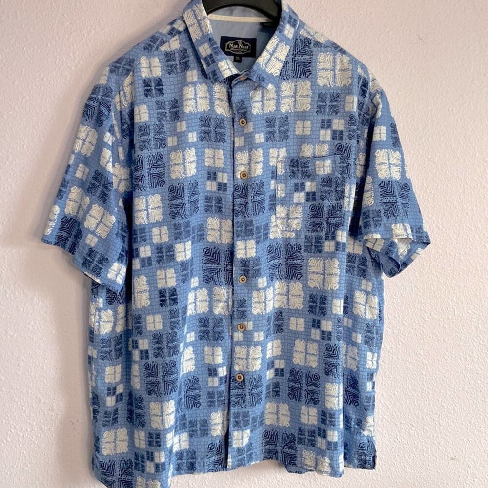 Nat Nash Men Silk Blend Blue/White Button Down Shirt Size L